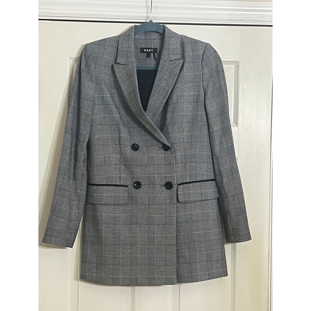 DKNY Glen Plaid Double Breasted Blazer Size 2 Grey Black Faux Leather Trim